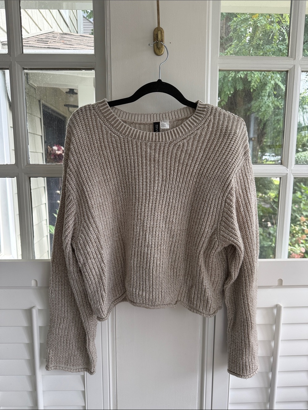 H&M Cropped Ribbed Crewneck Sweater in Light Taupe Medium Women’s